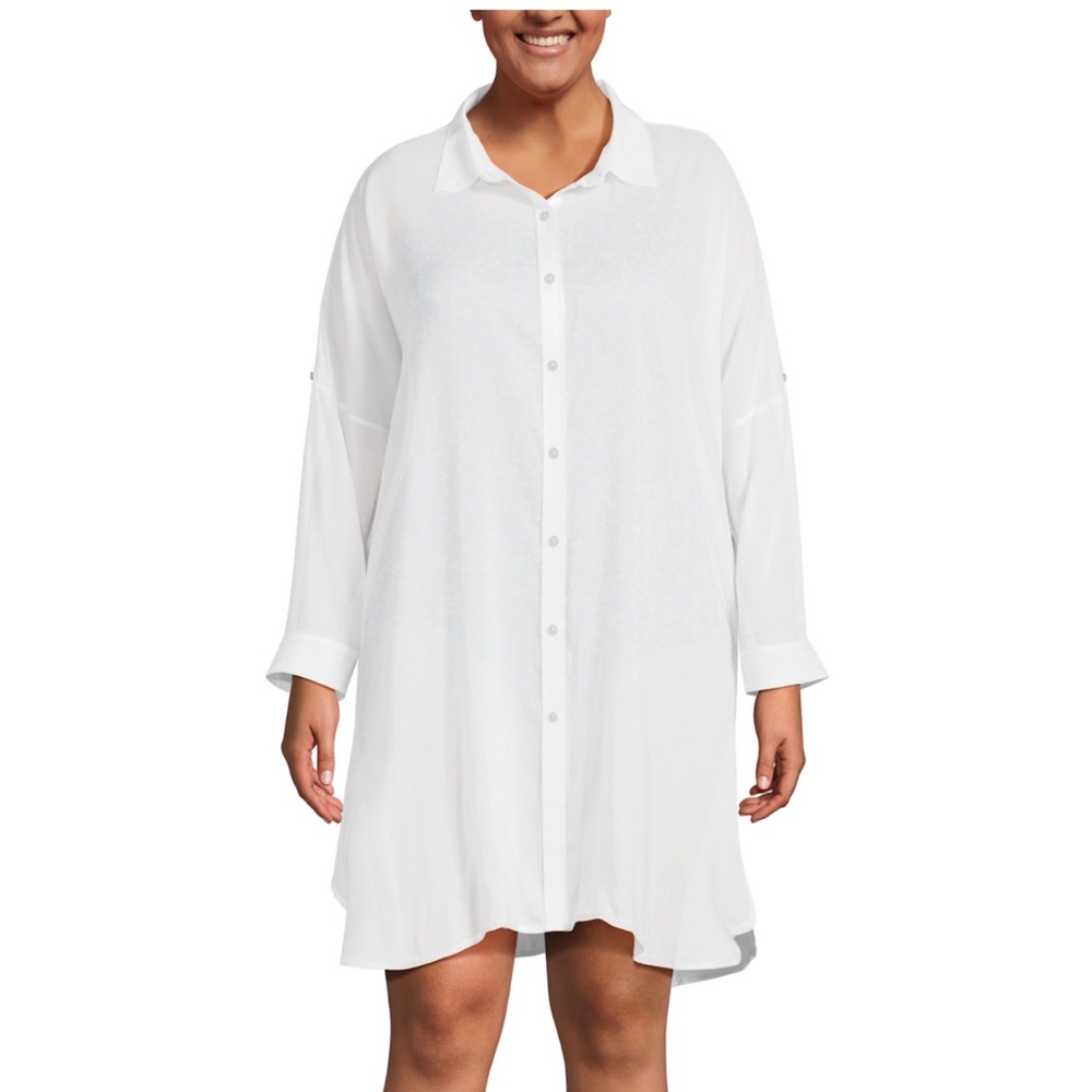 Lands' End White Button-Front Swim Coverup Tunic
